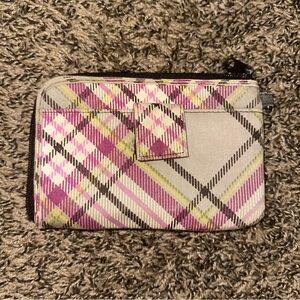Thirty-One Pink and Yellow Wallet with plaid Design missing wrist strap see pics